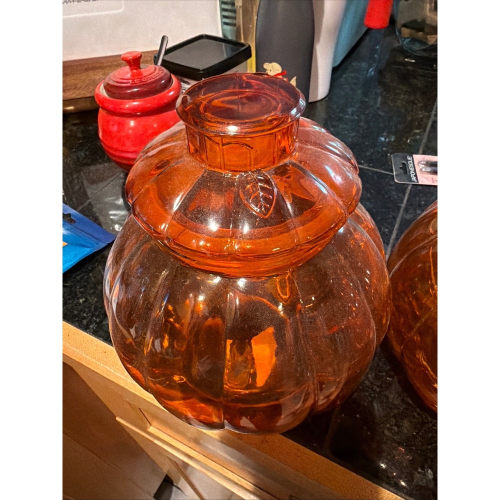 Anchor Hocking Vintage Amber Glass Pumpkin Jars Set of 2 Fall Decor Canisters